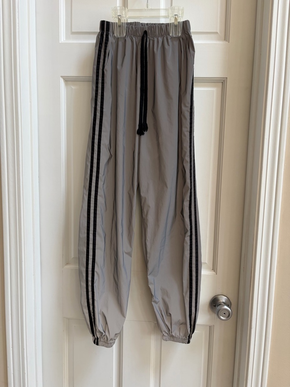 Reflective Gray Track Pants with Black Side Stripes